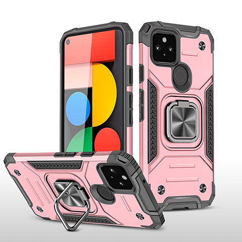 Silikon Hülle Handyhülle und Kunststoff Schutzhülle Hartschalen Tasche mit Magnetisch Fingerring Ständer MQ1 für Google Pixel 5 Rosegold