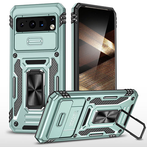 Silikon Hülle Handyhülle und Kunststoff Schutzhülle Hartschalen Tasche mit Magnetisch Fingerring Ständer MQ1 für Google Pixel 8 Pro 5G Cyan