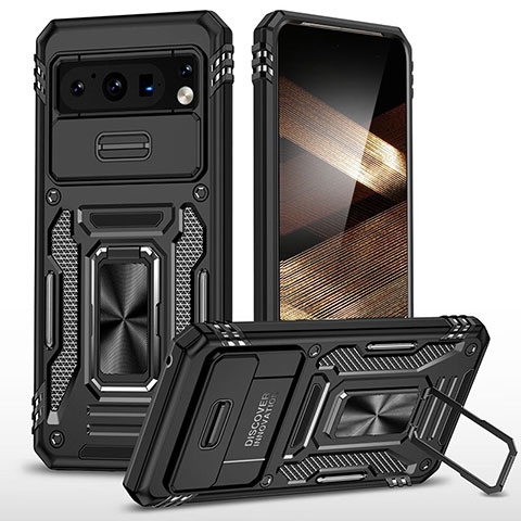 Silikon Hülle Handyhülle und Kunststoff Schutzhülle Hartschalen Tasche mit Magnetisch Fingerring Ständer MQ1 für Google Pixel 8 Pro 5G Schwarz