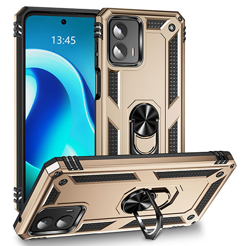 Silikon Hülle Handyhülle und Kunststoff Schutzhülle Hartschalen Tasche mit Magnetisch Fingerring Ständer MQ1 für Motorola Moto G 5G (2023) Gold