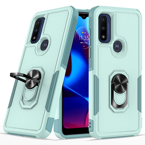 Silikon Hülle Handyhülle und Kunststoff Schutzhülle Hartschalen Tasche mit Magnetisch Fingerring Ständer MQ1 für Motorola Moto G Play Gen 2 Cyan