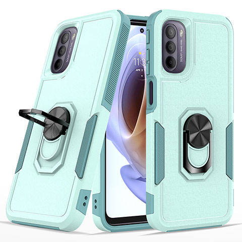 Silikon Hülle Handyhülle und Kunststoff Schutzhülle Hartschalen Tasche mit Magnetisch Fingerring Ständer MQ1 für Motorola Moto G41 Cyan