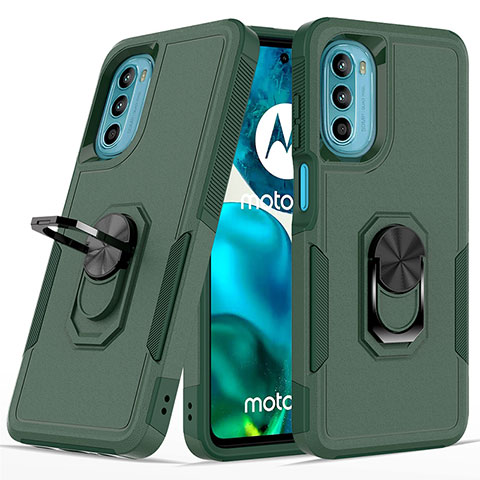 Silikon Hülle Handyhülle und Kunststoff Schutzhülle Hartschalen Tasche mit Magnetisch Fingerring Ständer MQ1 für Motorola MOTO G52 Nachtgrün