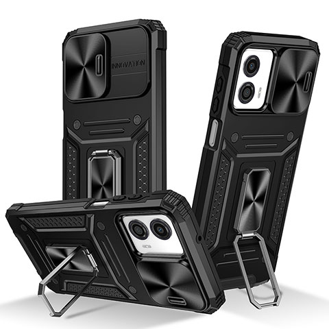 Silikon Hülle Handyhülle und Kunststoff Schutzhülle Hartschalen Tasche mit Magnetisch Fingerring Ständer MQ1 für Motorola Moto G53 5G Schwarz