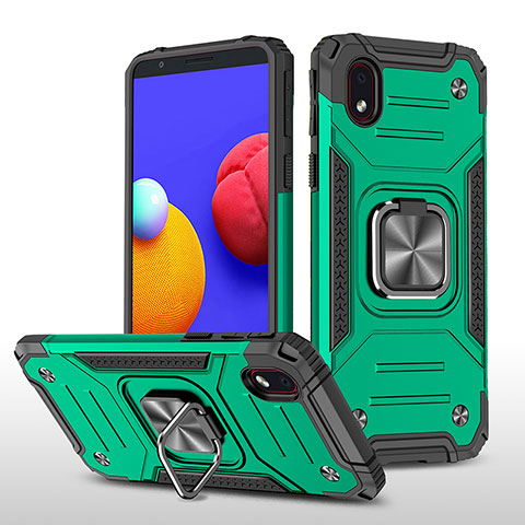 Silikon Hülle Handyhülle und Kunststoff Schutzhülle Hartschalen Tasche mit Magnetisch Fingerring Ständer MQ1 für Samsung Galaxy A01 Core Nachtgrün