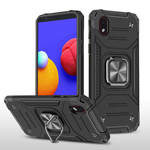 Silikon Hülle Handyhülle und Kunststoff Schutzhülle Hartschalen Tasche mit Magnetisch Fingerring Ständer MQ1 für Samsung Galaxy A01 Core Schwarz