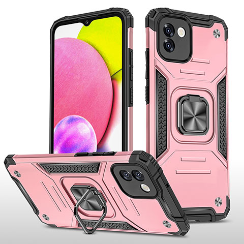 Silikon Hülle Handyhülle und Kunststoff Schutzhülle Hartschalen Tasche mit Magnetisch Fingerring Ständer MQ1 für Samsung Galaxy A03 Rosegold