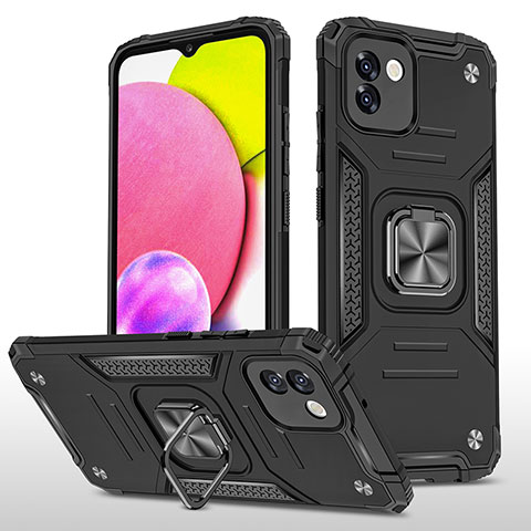 Silikon Hülle Handyhülle und Kunststoff Schutzhülle Hartschalen Tasche mit Magnetisch Fingerring Ständer MQ1 für Samsung Galaxy A03 Schwarz