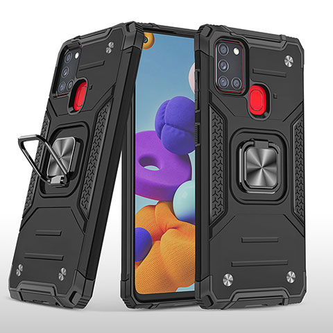 Silikon Hülle Handyhülle und Kunststoff Schutzhülle Hartschalen Tasche mit Magnetisch Fingerring Ständer MQ1 für Samsung Galaxy A21s Schwarz