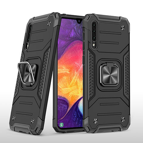 Silikon Hülle Handyhülle und Kunststoff Schutzhülle Hartschalen Tasche mit Magnetisch Fingerring Ständer MQ1 für Samsung Galaxy A30S Schwarz