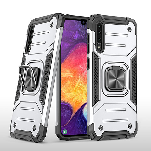 Silikon Hülle Handyhülle und Kunststoff Schutzhülle Hartschalen Tasche mit Magnetisch Fingerring Ständer MQ1 für Samsung Galaxy A50 Silber