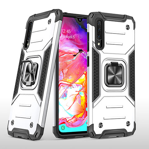 Silikon Hülle Handyhülle und Kunststoff Schutzhülle Hartschalen Tasche mit Magnetisch Fingerring Ständer MQ1 für Samsung Galaxy A70 Silber