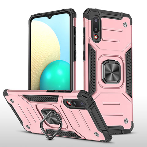 Silikon Hülle Handyhülle und Kunststoff Schutzhülle Hartschalen Tasche mit Magnetisch Fingerring Ständer MQ1 für Samsung Galaxy M02 Rosegold