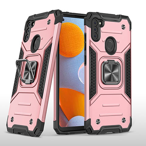 Silikon Hülle Handyhülle und Kunststoff Schutzhülle Hartschalen Tasche mit Magnetisch Fingerring Ständer MQ1 für Samsung Galaxy M11 Rosegold