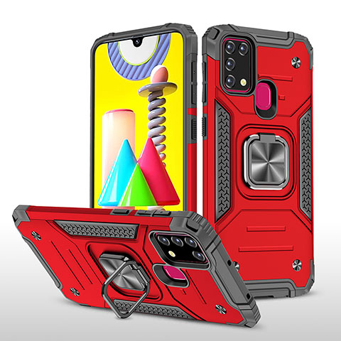 Silikon Hülle Handyhülle und Kunststoff Schutzhülle Hartschalen Tasche mit Magnetisch Fingerring Ständer MQ1 für Samsung Galaxy M31 Prime Edition Rot