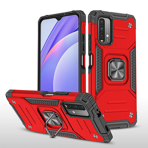 Silikon Hülle Handyhülle und Kunststoff Schutzhülle Hartschalen Tasche mit Magnetisch Fingerring Ständer MQ1 für Xiaomi Redmi 9T 4G Rot