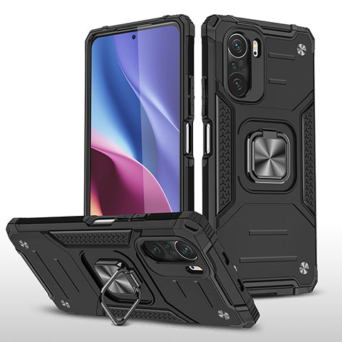 Silikon Hülle Handyhülle und Kunststoff Schutzhülle Hartschalen Tasche mit Magnetisch Fingerring Ständer MQ1 für Xiaomi Redmi K40 Pro 5G Schwarz