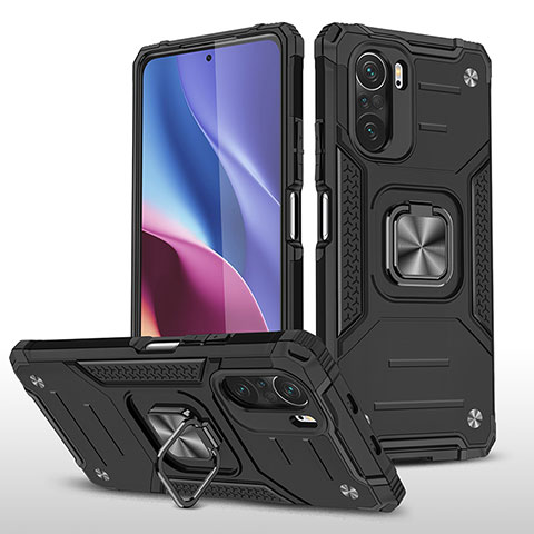 Silikon Hülle Handyhülle und Kunststoff Schutzhülle Hartschalen Tasche mit Magnetisch Fingerring Ständer MQ1 für Xiaomi Redmi K40 Pro+ Plus 5G Schwarz