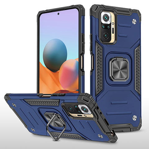 Silikon Hülle Handyhülle und Kunststoff Schutzhülle Hartschalen Tasche mit Magnetisch Fingerring Ständer MQ1 für Xiaomi Redmi Note 10 Pro 4G Blau