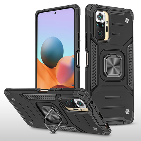 Silikon Hülle Handyhülle und Kunststoff Schutzhülle Hartschalen Tasche mit Magnetisch Fingerring Ständer MQ1 für Xiaomi Redmi Note 10 Pro 4G Schwarz