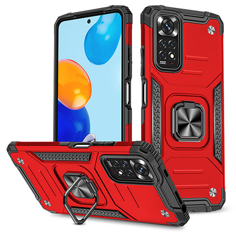 Silikon Hülle Handyhülle und Kunststoff Schutzhülle Hartschalen Tasche mit Magnetisch Fingerring Ständer MQ1 für Xiaomi Redmi Note 11 4G (2022) Rot