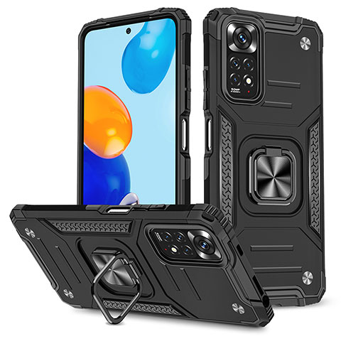 Silikon Hülle Handyhülle und Kunststoff Schutzhülle Hartschalen Tasche mit Magnetisch Fingerring Ständer MQ1 für Xiaomi Redmi Note 11 4G (2022) Schwarz