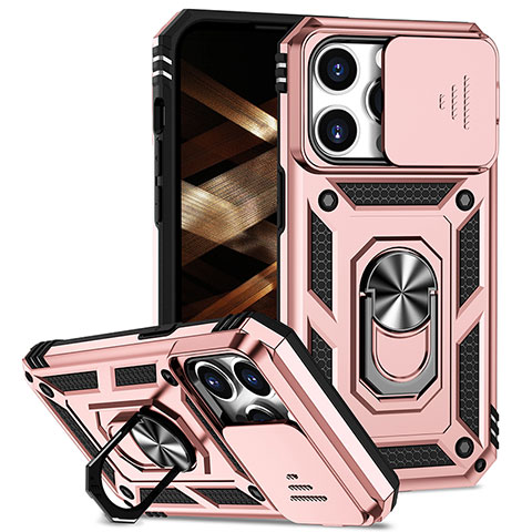 Silikon Hülle Handyhülle und Kunststoff Schutzhülle Hartschalen Tasche mit Magnetisch Fingerring Ständer MQ2 für Apple iPhone 13 Pro Rosegold