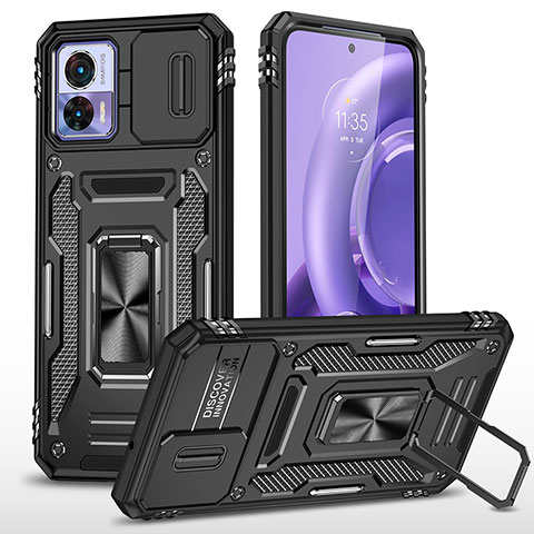 Silikon Hülle Handyhülle und Kunststoff Schutzhülle Hartschalen Tasche mit Magnetisch Fingerring Ständer MQ2 für Motorola Moto Edge 30 Lite 5G Schwarz