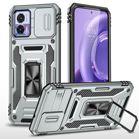 Silikon Hülle Handyhülle und Kunststoff Schutzhülle Hartschalen Tasche mit Magnetisch Fingerring Ständer MQ2 für Motorola Moto Edge 30 Lite 5G Silber