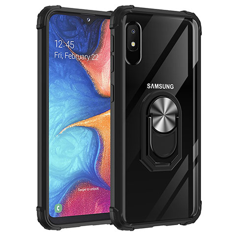 Silikon Hülle Handyhülle und Kunststoff Schutzhülle Hartschalen Tasche mit Magnetisch Fingerring Ständer MQ2 für Samsung Galaxy A10e Silber und Schwarz