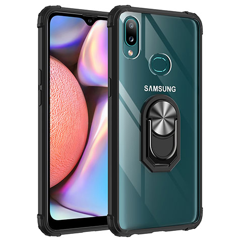 Silikon Hülle Handyhülle und Kunststoff Schutzhülle Hartschalen Tasche mit Magnetisch Fingerring Ständer MQ2 für Samsung Galaxy A10s Silber und Schwarz