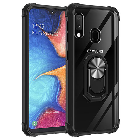 Silikon Hülle Handyhülle und Kunststoff Schutzhülle Hartschalen Tasche mit Magnetisch Fingerring Ständer MQ2 für Samsung Galaxy A20e Silber und Schwarz