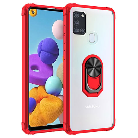 Silikon Hülle Handyhülle und Kunststoff Schutzhülle Hartschalen Tasche mit Magnetisch Fingerring Ständer MQ2 für Samsung Galaxy A21s Rot