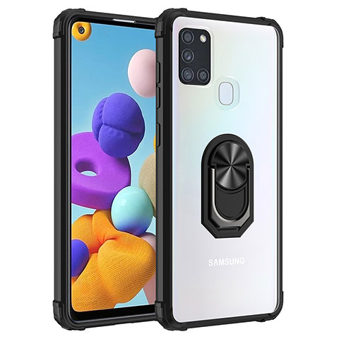 Silikon Hülle Handyhülle und Kunststoff Schutzhülle Hartschalen Tasche mit Magnetisch Fingerring Ständer MQ2 für Samsung Galaxy A21s Schwarz