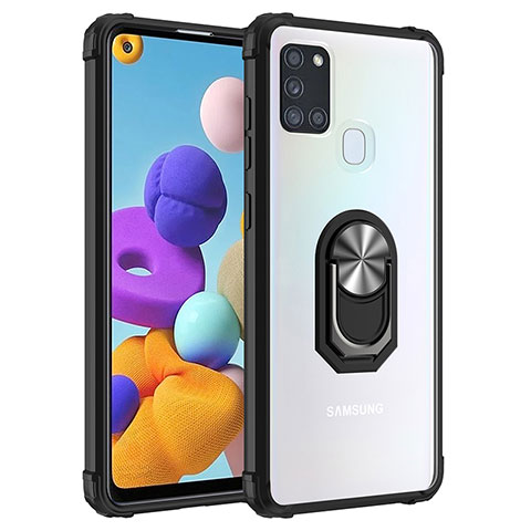 Silikon Hülle Handyhülle und Kunststoff Schutzhülle Hartschalen Tasche mit Magnetisch Fingerring Ständer MQ2 für Samsung Galaxy A21s Silber und Schwarz