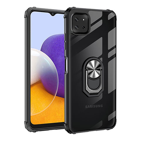 Silikon Hülle Handyhülle und Kunststoff Schutzhülle Hartschalen Tasche mit Magnetisch Fingerring Ständer MQ2 für Samsung Galaxy A22 5G Silber und Schwarz