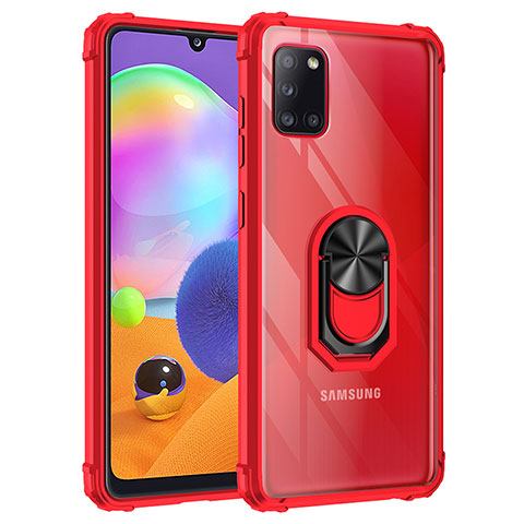 Silikon Hülle Handyhülle und Kunststoff Schutzhülle Hartschalen Tasche mit Magnetisch Fingerring Ständer MQ2 für Samsung Galaxy A31 Rot