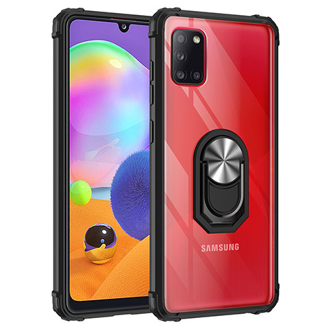 Silikon Hülle Handyhülle und Kunststoff Schutzhülle Hartschalen Tasche mit Magnetisch Fingerring Ständer MQ2 für Samsung Galaxy A31 Silber und Schwarz