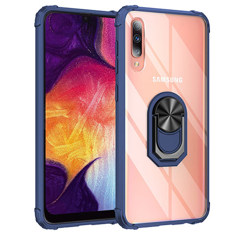 Silikon Hülle Handyhülle und Kunststoff Schutzhülle Hartschalen Tasche mit Magnetisch Fingerring Ständer MQ2 für Samsung Galaxy A50 Blau