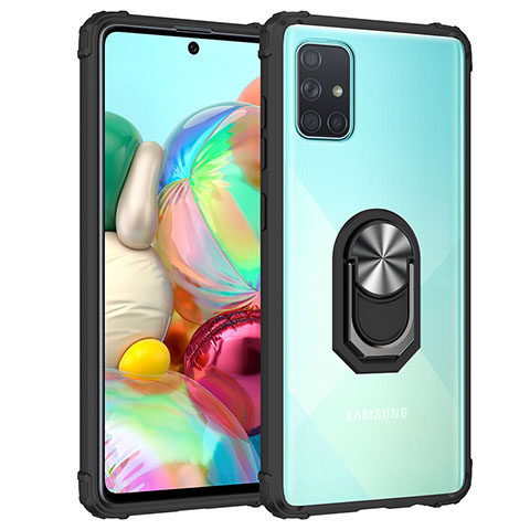 Silikon Hülle Handyhülle und Kunststoff Schutzhülle Hartschalen Tasche mit Magnetisch Fingerring Ständer MQ2 für Samsung Galaxy A51 4G Silber und Schwarz