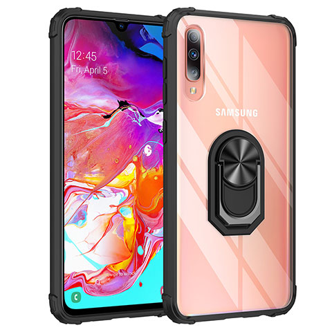 Silikon Hülle Handyhülle und Kunststoff Schutzhülle Hartschalen Tasche mit Magnetisch Fingerring Ständer MQ2 für Samsung Galaxy A70S Schwarz