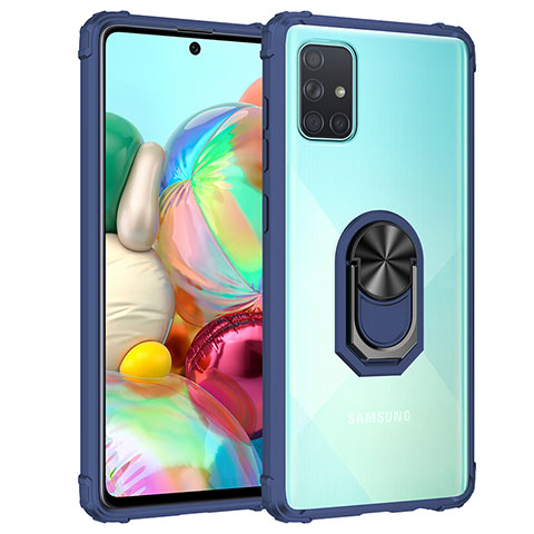 Silikon Hülle Handyhülle und Kunststoff Schutzhülle Hartschalen Tasche mit Magnetisch Fingerring Ständer MQ2 für Samsung Galaxy A71 4G A715 Blau