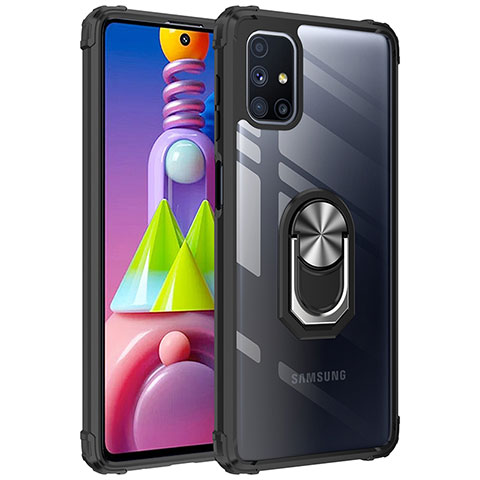 Silikon Hülle Handyhülle und Kunststoff Schutzhülle Hartschalen Tasche mit Magnetisch Fingerring Ständer MQ2 für Samsung Galaxy M51 Silber und Schwarz