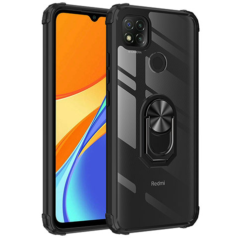 Silikon Hülle Handyhülle und Kunststoff Schutzhülle Hartschalen Tasche mit Magnetisch Fingerring Ständer MQ2 für Xiaomi Redmi 9 Activ Schwarz