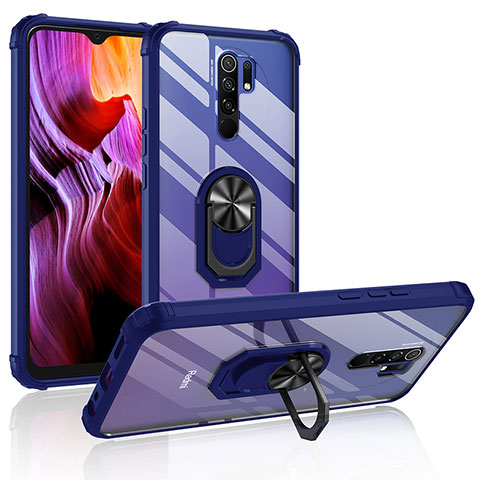 Silikon Hülle Handyhülle und Kunststoff Schutzhülle Hartschalen Tasche mit Magnetisch Fingerring Ständer MQ2 für Xiaomi Redmi 9 Blau