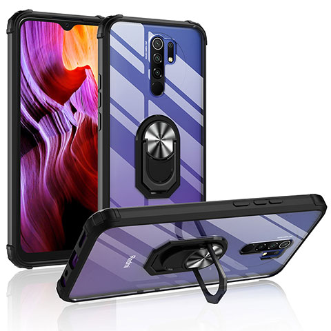 Silikon Hülle Handyhülle und Kunststoff Schutzhülle Hartschalen Tasche mit Magnetisch Fingerring Ständer MQ2 für Xiaomi Redmi 9 Prime India Silber und Schwarz