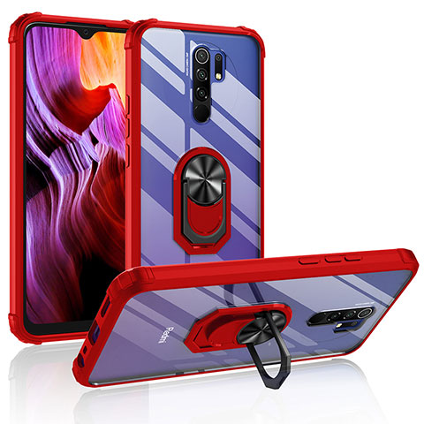 Silikon Hülle Handyhülle und Kunststoff Schutzhülle Hartschalen Tasche mit Magnetisch Fingerring Ständer MQ2 für Xiaomi Redmi 9 Rot