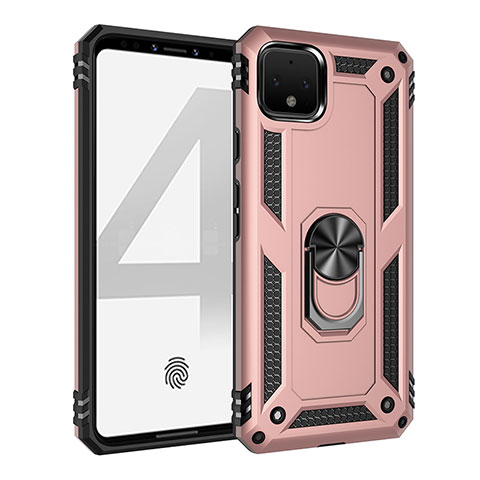 Silikon Hülle Handyhülle und Kunststoff Schutzhülle Hartschalen Tasche mit Magnetisch Fingerring Ständer MQ3 für Google Pixel 4 Rosegold