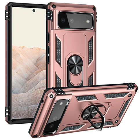 Silikon Hülle Handyhülle und Kunststoff Schutzhülle Hartschalen Tasche mit Magnetisch Fingerring Ständer MQ3 für Google Pixel 6 5G Rosegold