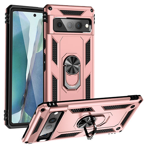 Silikon Hülle Handyhülle und Kunststoff Schutzhülle Hartschalen Tasche mit Magnetisch Fingerring Ständer MQ3 für Google Pixel 7 Pro 5G Rosegold